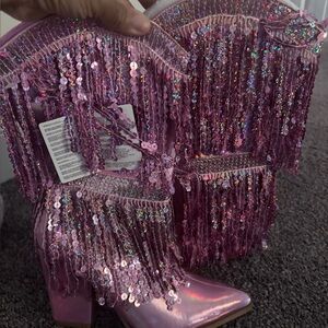 Forever 21 Pink Sequin Fringe Heeled Boots